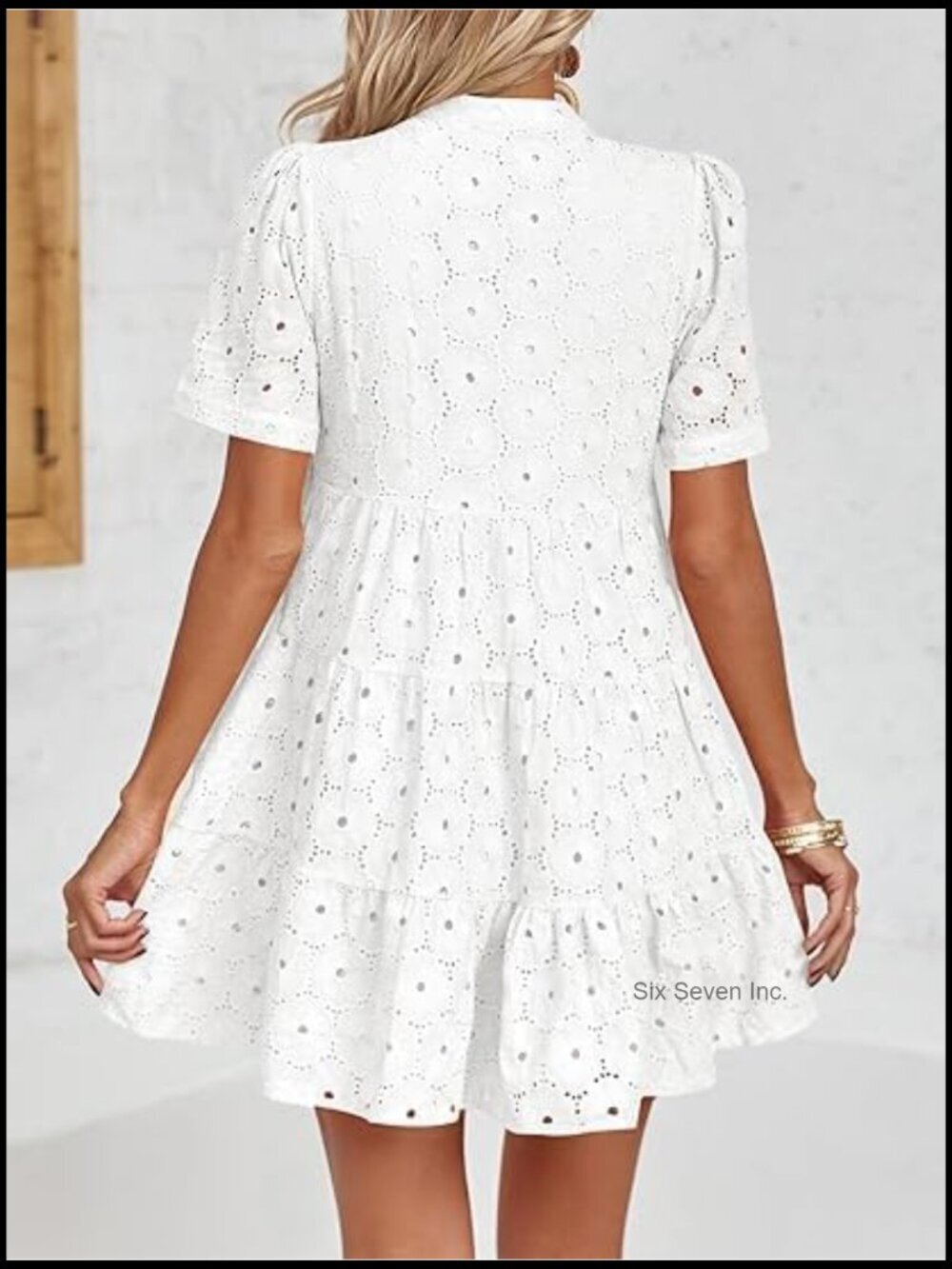 Summer Lace Eyelet Babydoll Swing V-Neck Tunic Dress - Picture 4 of 7